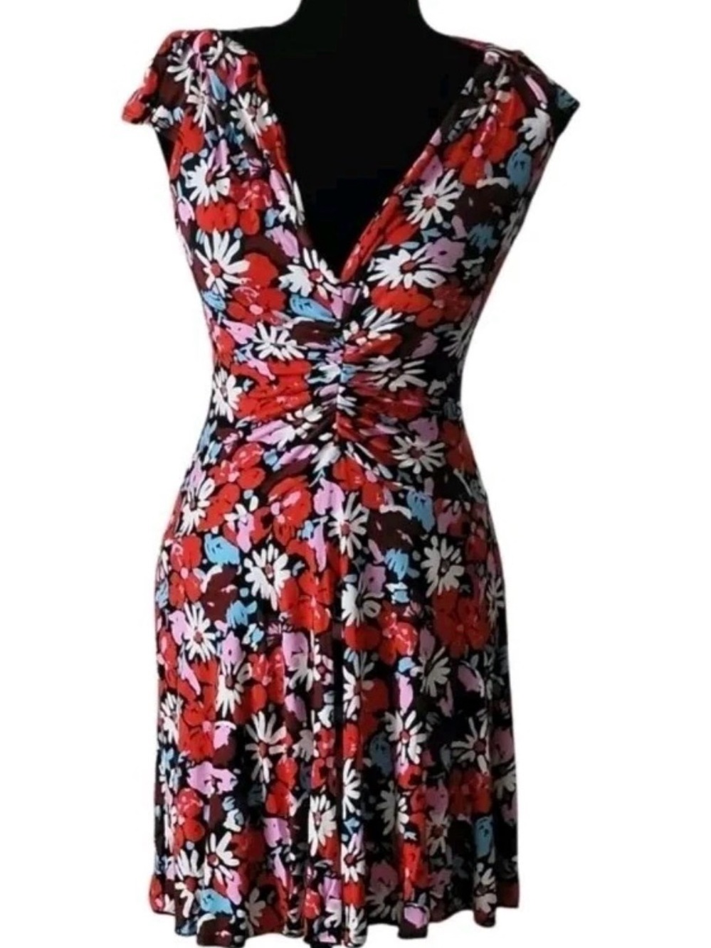 Free People Red Floral V-Neck Gathered Waist Dress